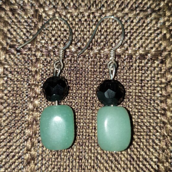 Pretty Vintage 925 Sterling Silver Aventurine & Black Glass Bead Dangle Earrings - Picture 5 of 14